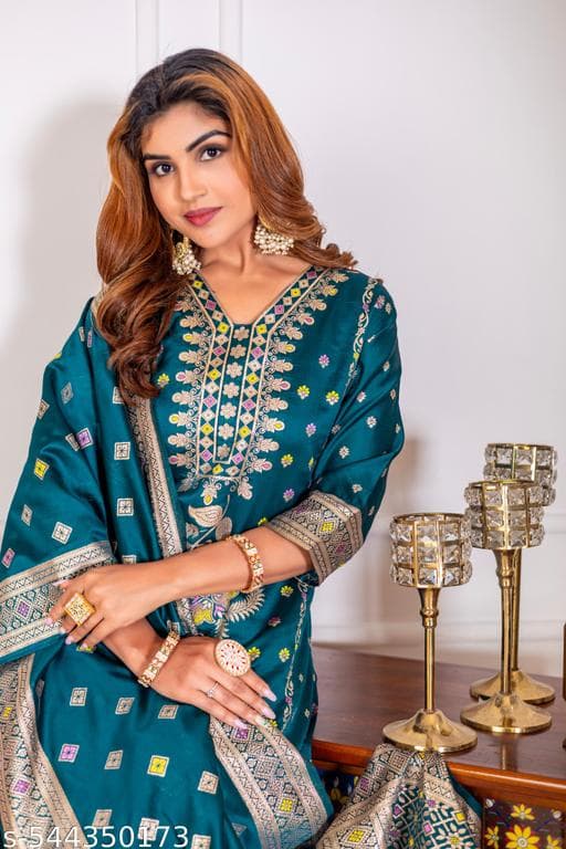 Yoke Design Silk Straight Suit With Dupatta